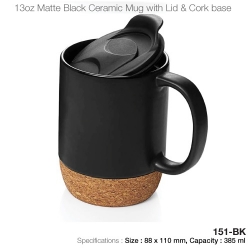 Matte Black Ceramic Mugs with Lid and Cork Base