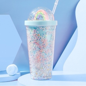 Glitter Travel Tumbler Double Wall Reusable Plastic Milkshake Cups with Straw ELTM-02
