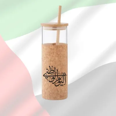 كوب زجاجي بوروسيليكات مع غطاء من الخيزران، غلاف من الفلين، شفاطة 