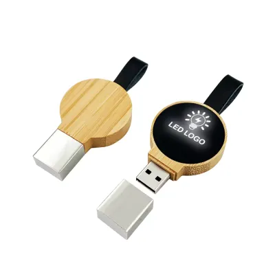 Bamboo Round LED Logo USB with Strap 64GB V. 3.0