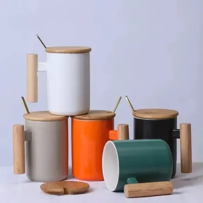 Porcelain Mug With Bamboo Lid Ceramic cupsSpoon Wooden Handle Ceramic Coffee Mug