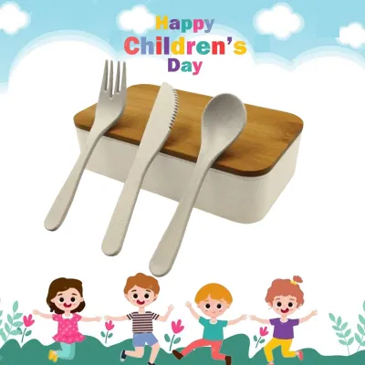  Children Day Gift Wheat Straw Double portion Lunch Box with Bamb