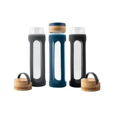 Glass Water Bottle with Protective Sleeve and Bamboo lid and Handle