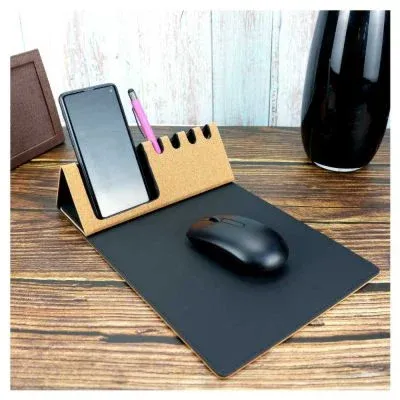 Foldable Cork+PU Mousepad with Mobile & Pen Holder