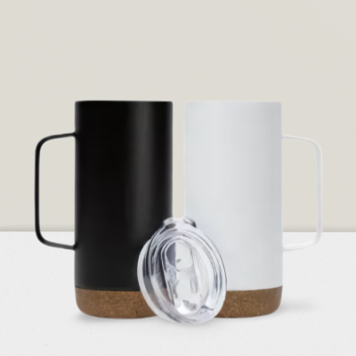 Double walled mug with cork base with splash prood and Plastic Lid