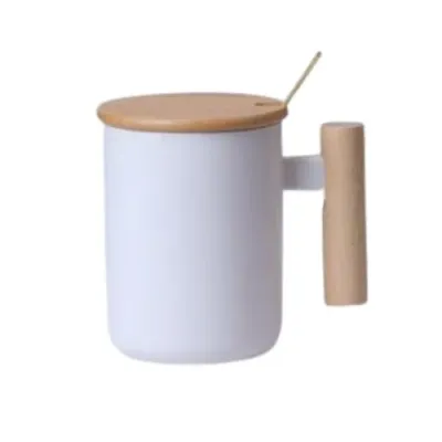 Porcelain Mug With Bamboo Lid and Spoon Wooden Handle Ceramic Coffee Mug