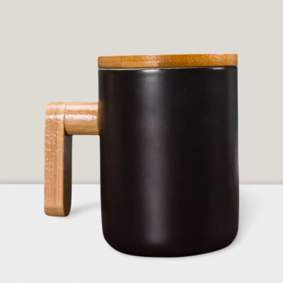 Black Ceramic Coffee Mugs with Bamboo Handle and Lid