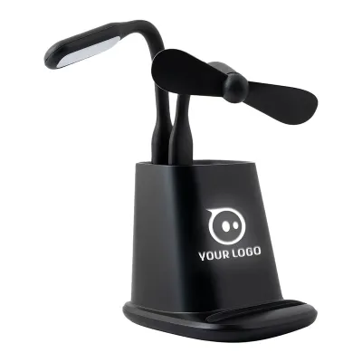 Multi function pen holder with light up logo and wireless charger usb ports