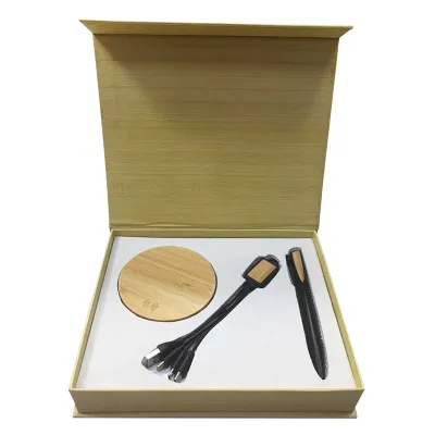 Bamboo Gift Set with Wooden wireless Charger Charging Cable Set M