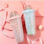 Glitter Travel Tumbler Double Wall Reusable Plastic Milkshake Cups with Straw ELTM-02