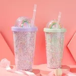 Glitter Travel Tumbler Double Wall Reusable Plastic Milkshake Cups with Straw ELTM-02