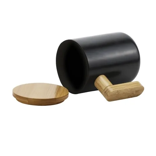 Antares Black Ceramic Coffee Mugs with Bamboo Handle and Lid