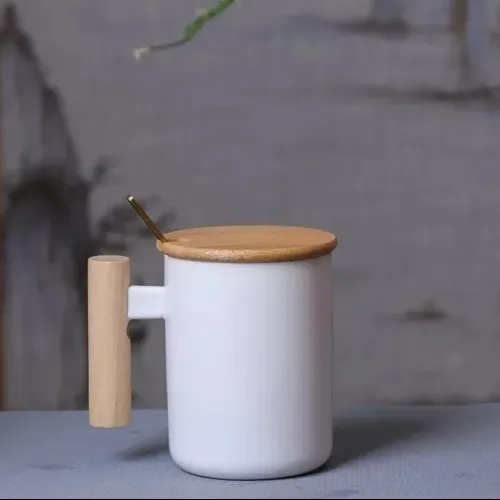 Porcelain Mug With Bamboo Lid and Spoon Wooden Handle Ceramic Coffee Mug