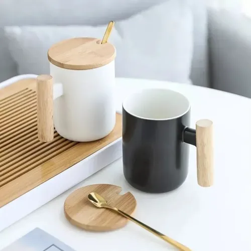 Porcelain Mug With Bamboo Lid Ceramic cupsSpoon Wooden Handle Ceramic Coffee Mug