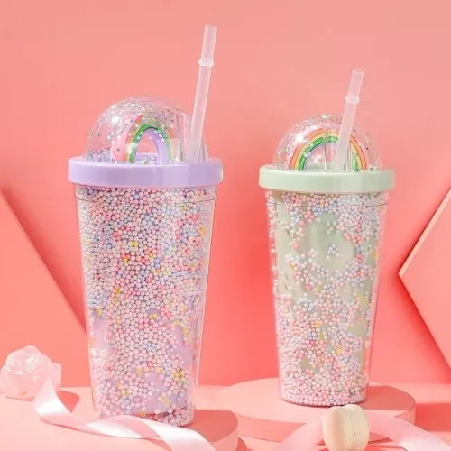 Glitter Travel Tumbler Double Wall Reusable Plastic Milkshake Cups with Straw ELTM-02