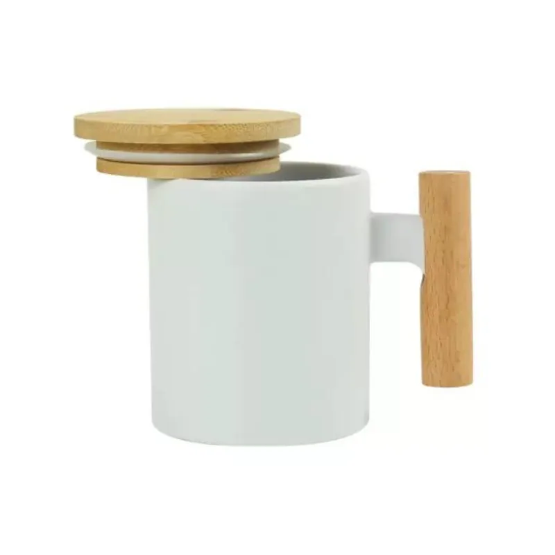 Crux Ceramic Coffee Mugs with Bamboo Handle and Lid 380ml
