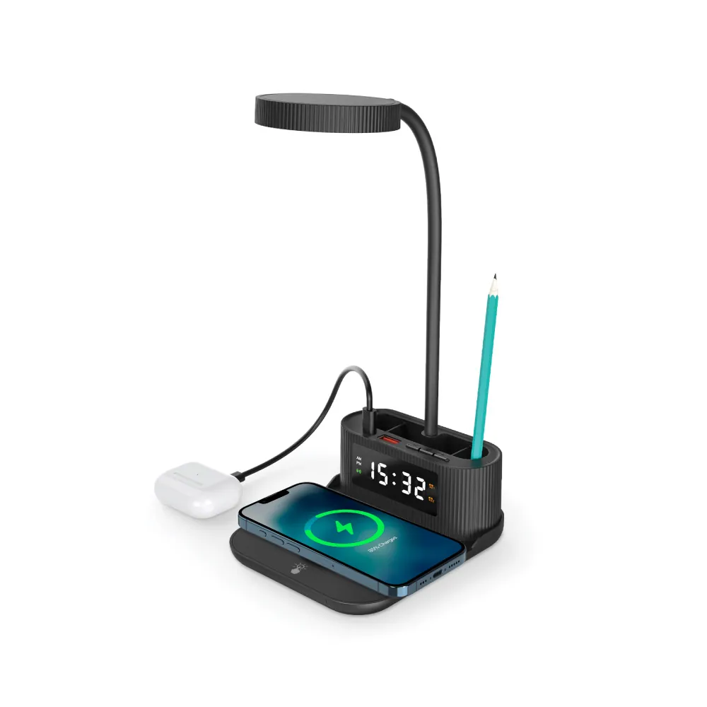 Desk Lamp with 15W Wireless Charger and Clock and Pen Holder