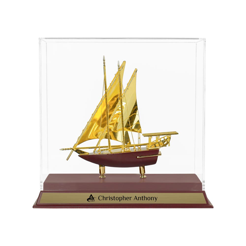 Puppis UAE Golden Dhow Memento in Wooden Base & Acrylic Case